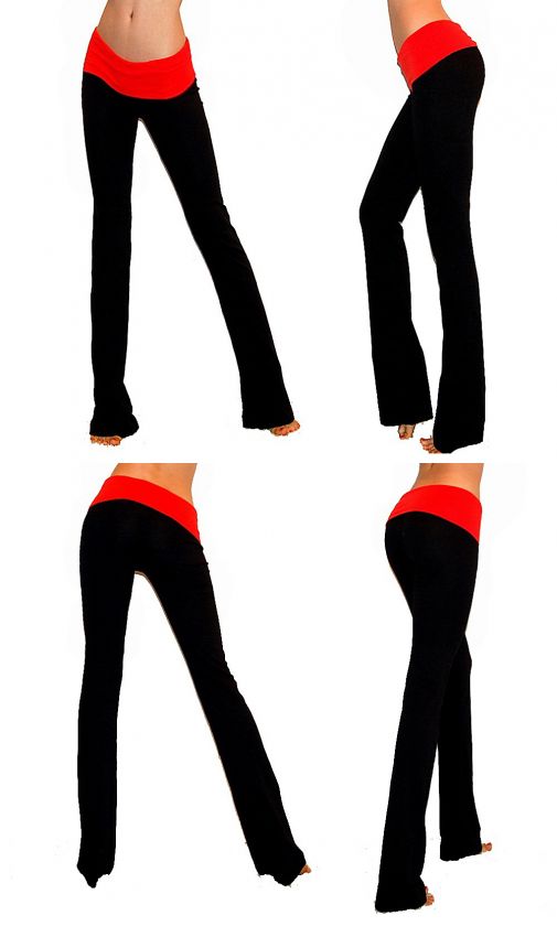   BLACK / COLORS FOLDOVER ROLLOVER FITTED FLAR LONG YOGA GYM PANTS S M L