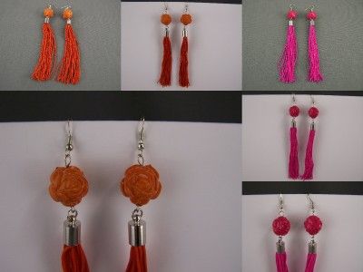 carved rose rosette bead extra Long fringe tassel earrings dangle 