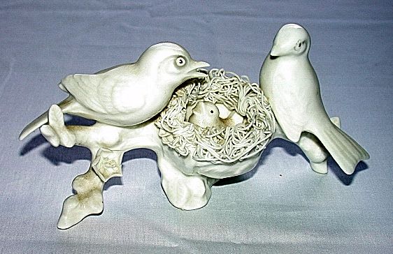 Beautiful Vintage White Glazed Birds With Nest & Chick  