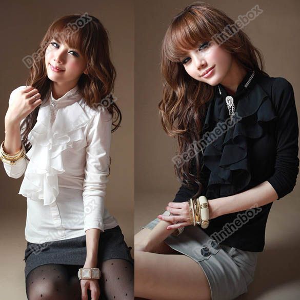   Frilled High Collar Tops Blouse T shirts Sweet Rhinestone 2 Colors
