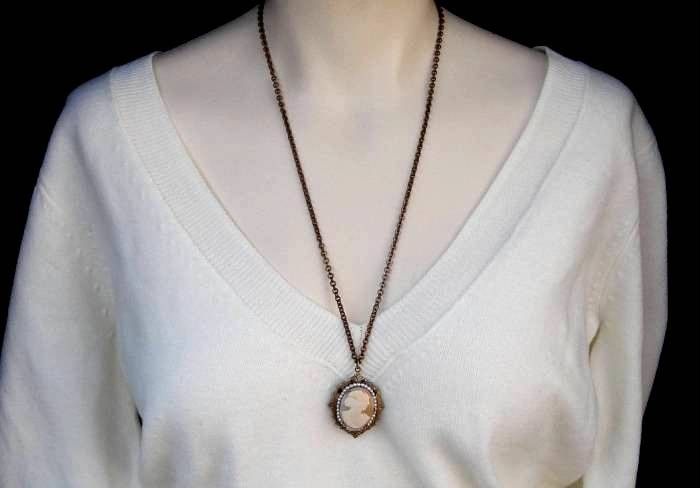 Vintage Nouveau Era Carved Shell Cameo Locket Necklace  