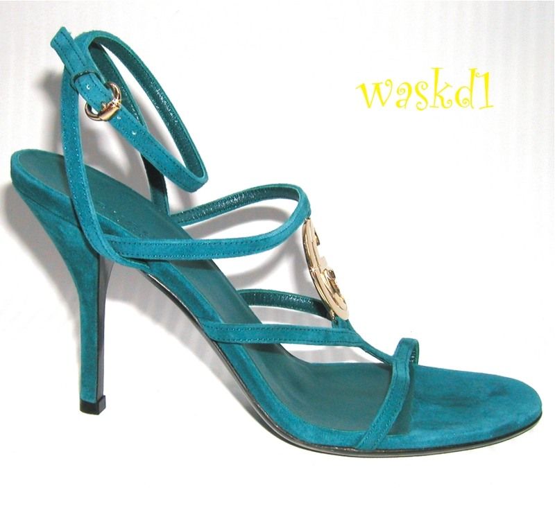 GUCCI teal Blue Suede CAGE gold Interlocking GG stiletto sandals NIB 