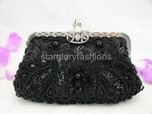 Black Beaded Sequin Evening Clutch Crystal Jewel Frame  