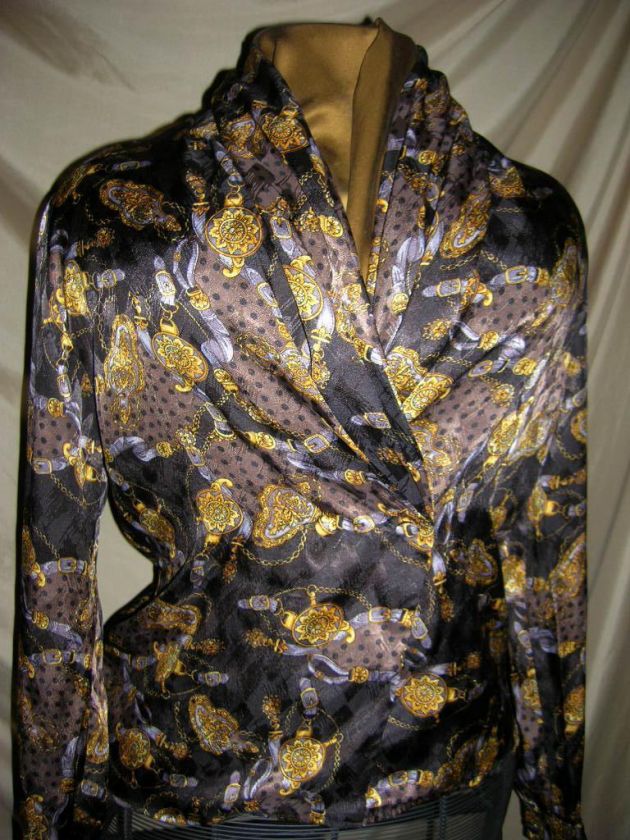 VINTAGE SILKY HORSE BLOUSE BROWN GOLD CASCADE COLLAR 8  