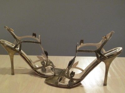 STUNNING PRADA MILANO BRONZE TULIP & LEAF CUT LEATHER STRAPPY HEELS 