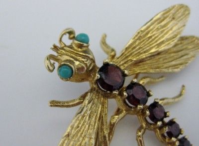   YELLOW GOLD GARNET & PERSIAN TURQUOISE DRAGONFLY PIN   