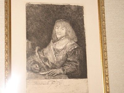 REMBRANDT VAN RIJN COPPER PLATE ETCHING MAN AT A DESK WEARING A CROSS 