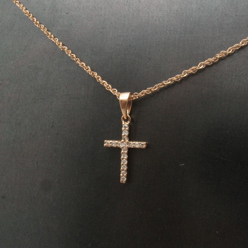 14K ROSE PINK GOLD SMALL DIAMOND CROSS PENDANT NECKLACE  