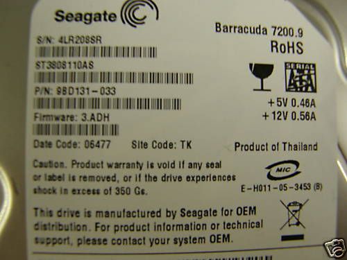 SEAGATE BARRACUDA 80GB SATA HD ST3808110AS 9BD131 033 763649001134 