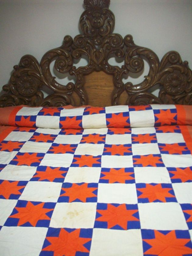 GREAT VINTAGE BLUE/ORANGE STAR QUILT TOP #E9  