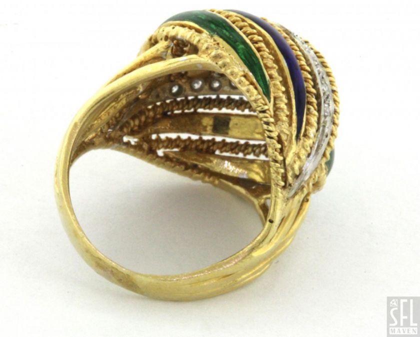   TONE GOLD .18CT DIAMOND BLUE/GREEN ENAMEL DOME COCKTAIL RING  