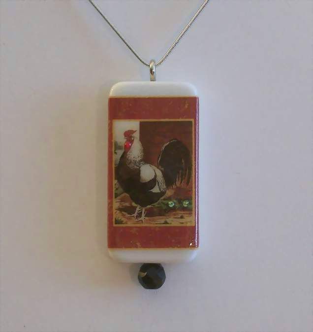 VINTAGE ROOSTER POSTCARD DOMINO PENDANT  