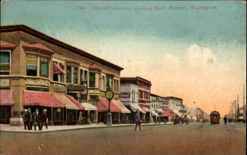 EVERETT WA Hewitt Ave Street Scene TROLLEY c1910 PC  