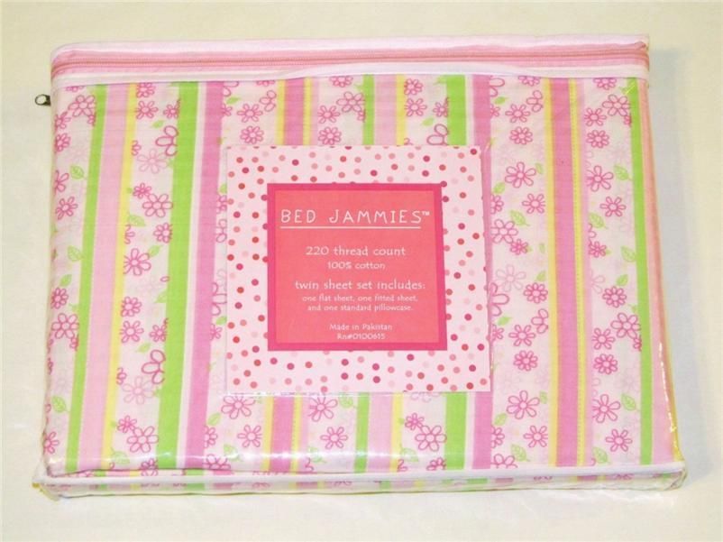 NIP BED JAMMIES TWIN SHEET SET PINK FLOWERS AND STRIPES  