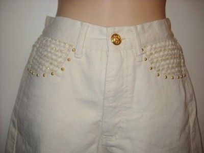 CACHE Cute Beige Crochet and Stud Trim Cuffed Shorts 6  