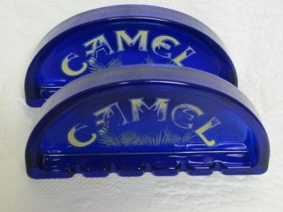 Camel Advertising Cobalt Blue Half Moon Ashtrays   Matching Set of Two