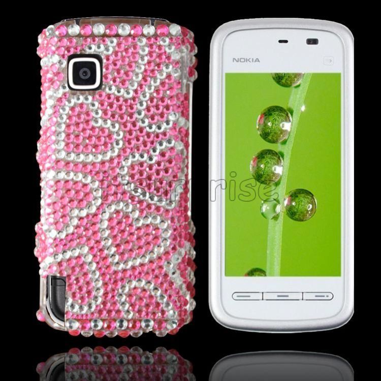 Bling Diamond Silver Hearts Back Hard Case Cover For Nokia Nuron 5230 