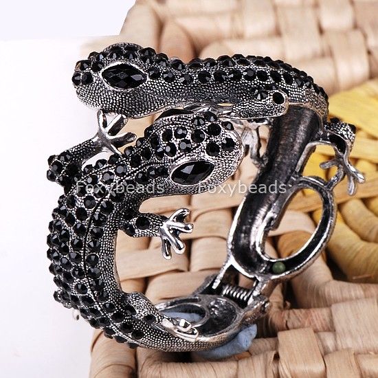 Black Crystal Two Lizard Jewelry Bracelet Cuff Bangle  