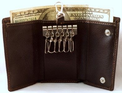 Mens BROWN Leather KEY HOLDER WALLET w/Zip Pocket in CASH SLOT 