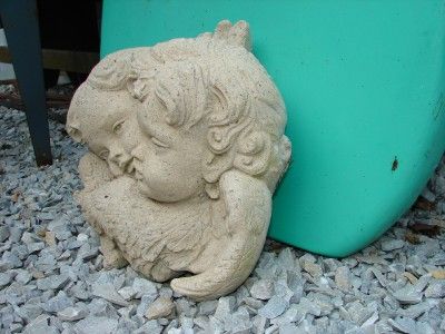 Vintage Concrete Hanging Angel Heads Wall Plaque  