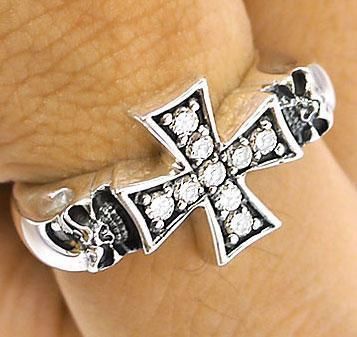 DIAMOND CROSS TWIN SKULL STERLING 925 SILVER RING Sz 10   BIKER 