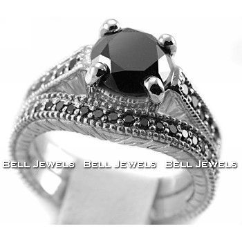 20ct BLACK DIAMOND RING SET 14K WHITE GOLD