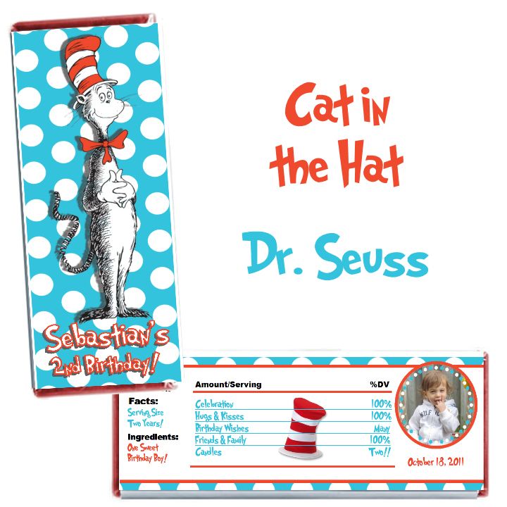 Cat In The Hat Dr Seuss Birthday Party Candy Bar Wrappers Set of 10 