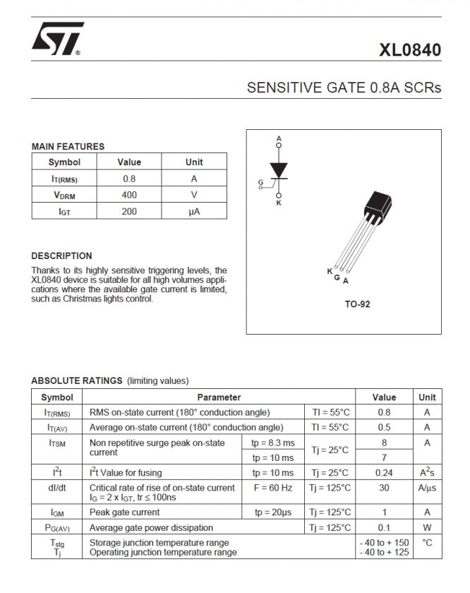 10 X XL0840 Pb Free RoHS SCR SENSITIVE GATE 0.8A 400V  