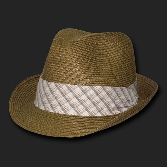 Brown Woven Braid Brim Straw Fedora Fedoras Hat Hats Plaid Ribbon Band 