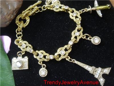 gold Travel Plane Eiffel Tower Cruise BRACELET Charm/  