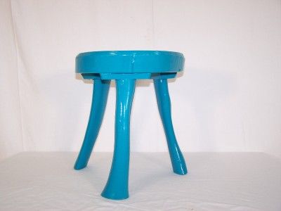 VINTAGE RETRO FRENCH SKI CHALET ARCS era TRIPOD WOOD STOOL BLUE 70s 