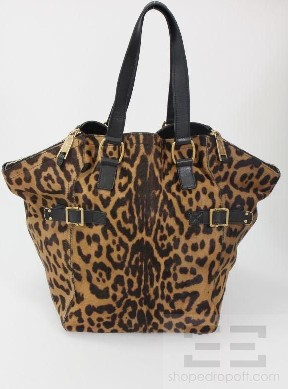   Yves Saint Laurent Brown Leopard Print Pony Hair Downtown Tote Handbag