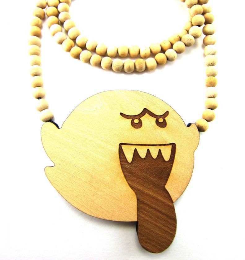 Super Mario Ghost Boo Wooden Pendant & 36 Bead Chain Necklace Good 