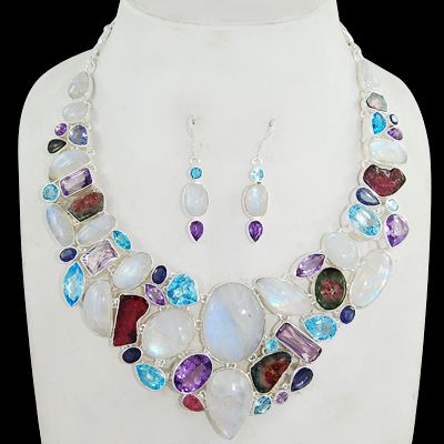 Huge Moonstone Tourmaline Amethyst 925 Sterling Silver Necklace 