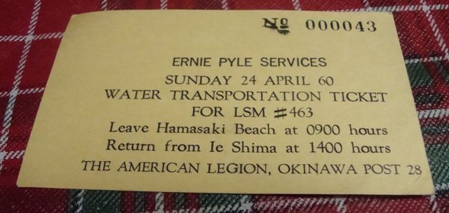 1960 Ernie Pyle Memorial Boat Ticket Ie Shima @ Okinawa  