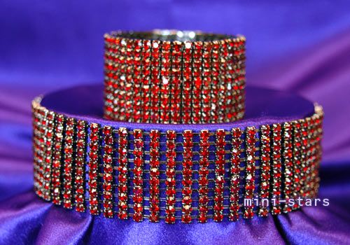 10 Row Dark Red Rhinestone Choker Bracelet Set  