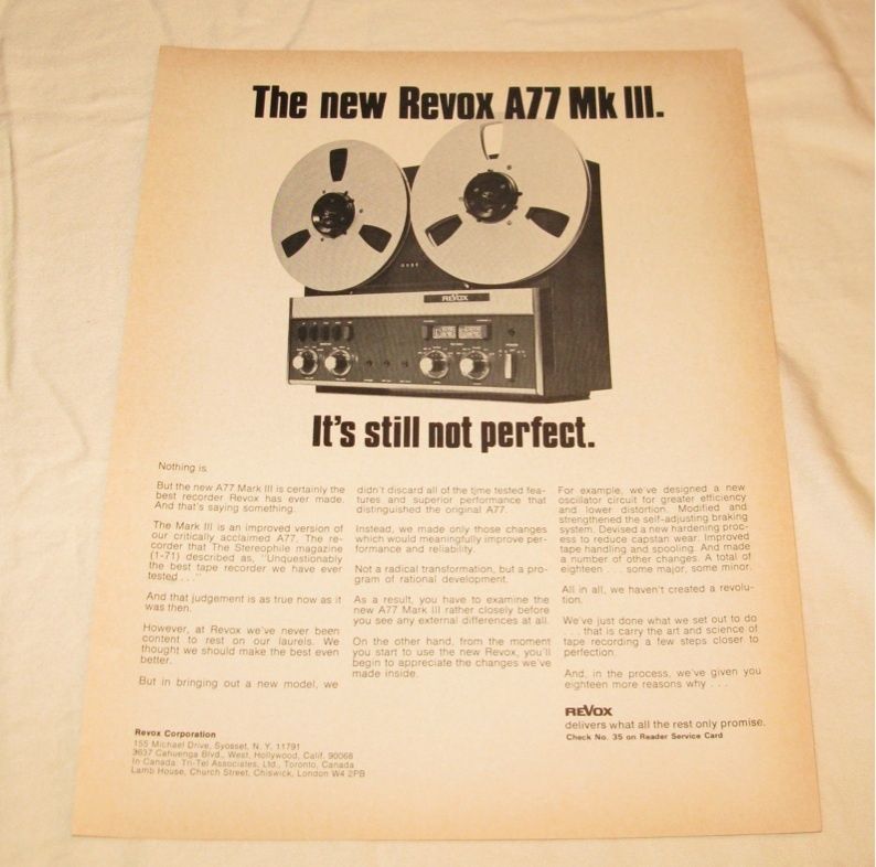 Revox A77 MK III Reel to Reel Tape Deck PRINT AD  