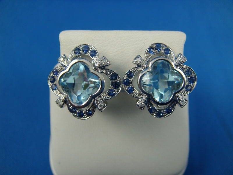 AMAZING 18 K. EARRINGS BLUE TOPAZ DIAMONDS &SAPPHIRES  