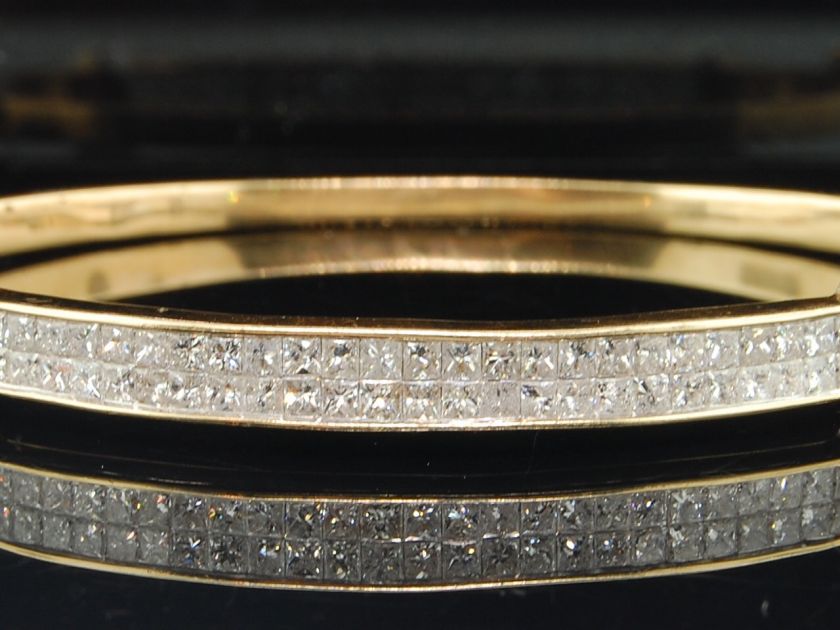   YELLOW GOLD 2 CT PRINCESS CUT 2 ROW DIAMOND BANGLE BRACELET  