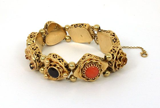 BEAUTIFUL VINTAGE 14K GOLD & GEMS SLIDE CHARM BRACELET  